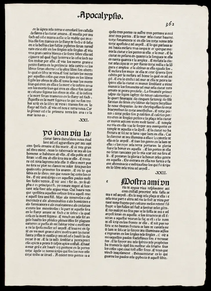 Fotografía de archivo de la página 362 de la Biblia Valenciana de 1478, correspondiente al libro de Apocalipsis capítulos 21 y 22, impresa en tipografía gótica medieval a dos columnas.